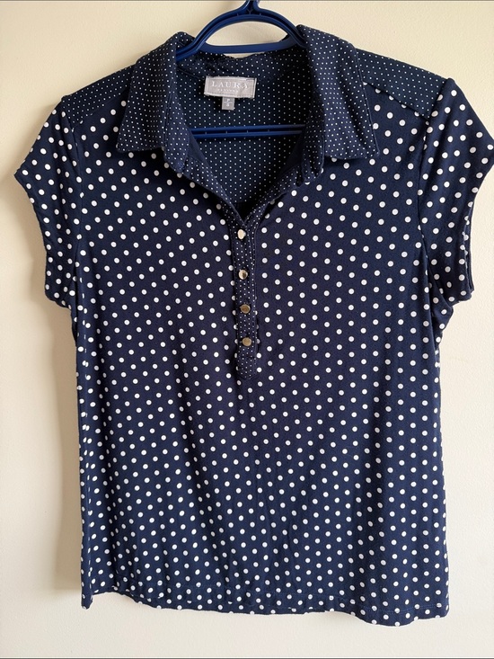 Laura Tops - Navy White Polka Dot Button-Down Polo Top